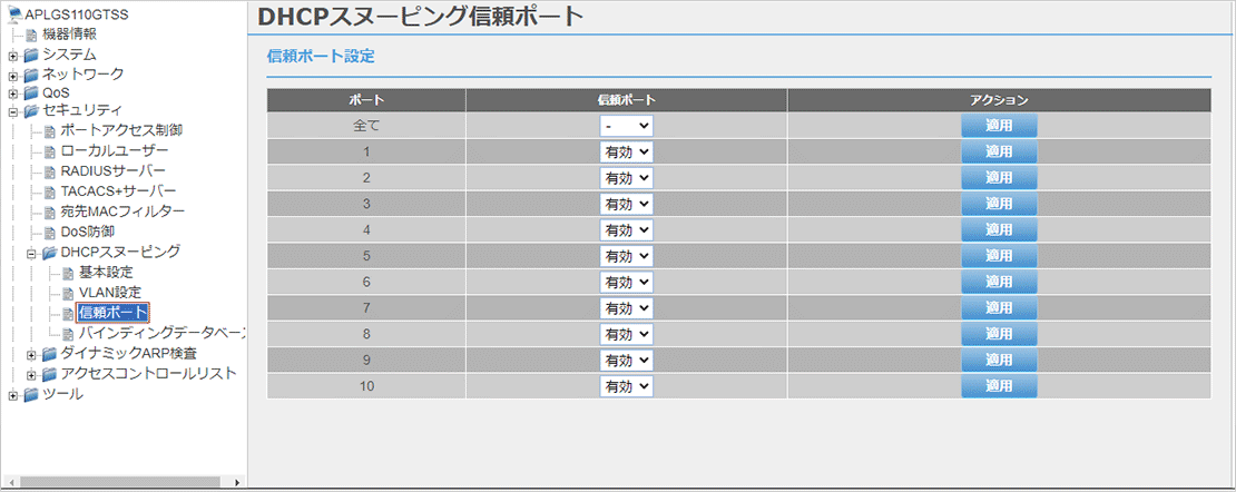 [DHCPスヌーピング信頼ポート]画面